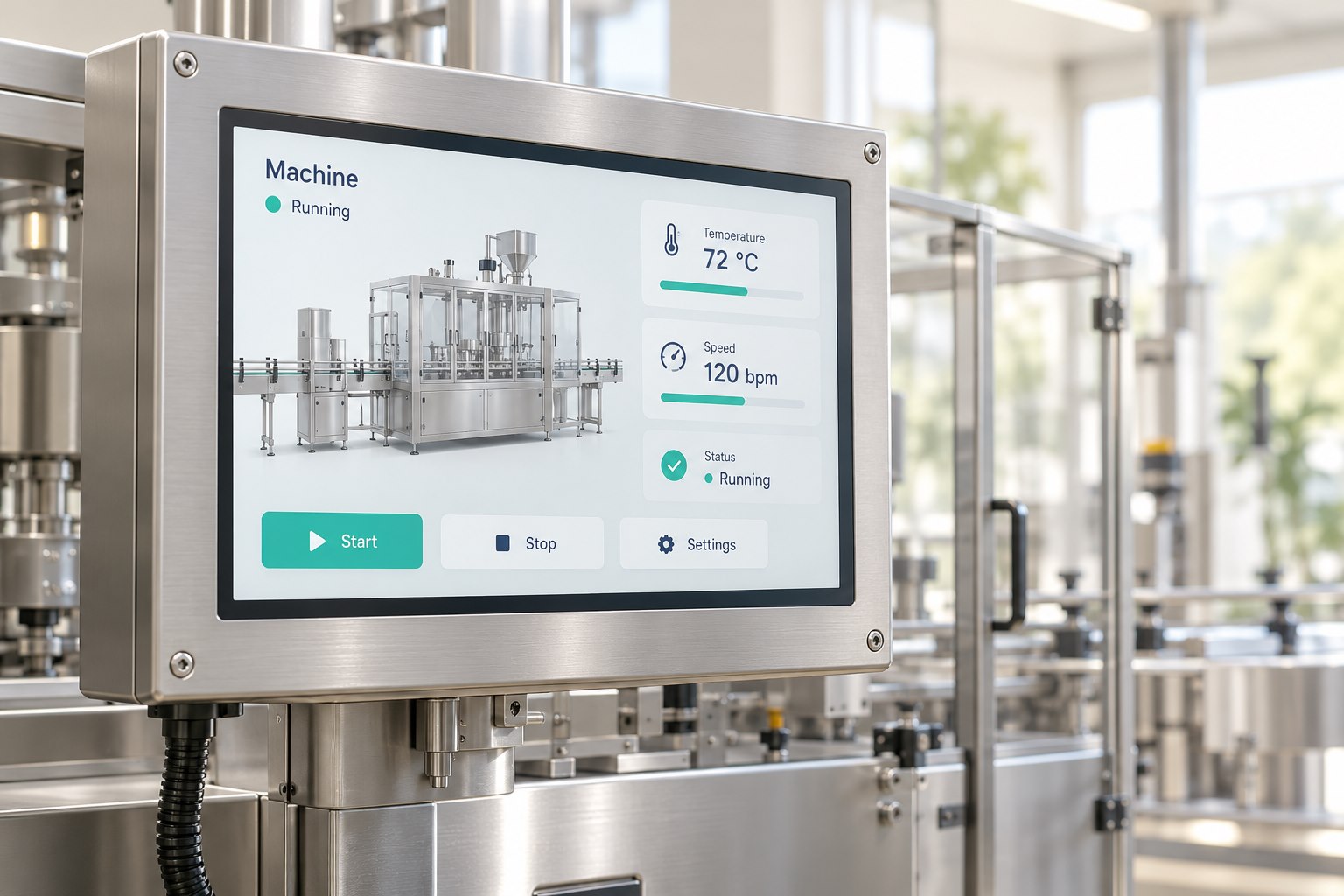 Concept of a machine touchscreen in a brushed-metal enclosure, with status and production controls.