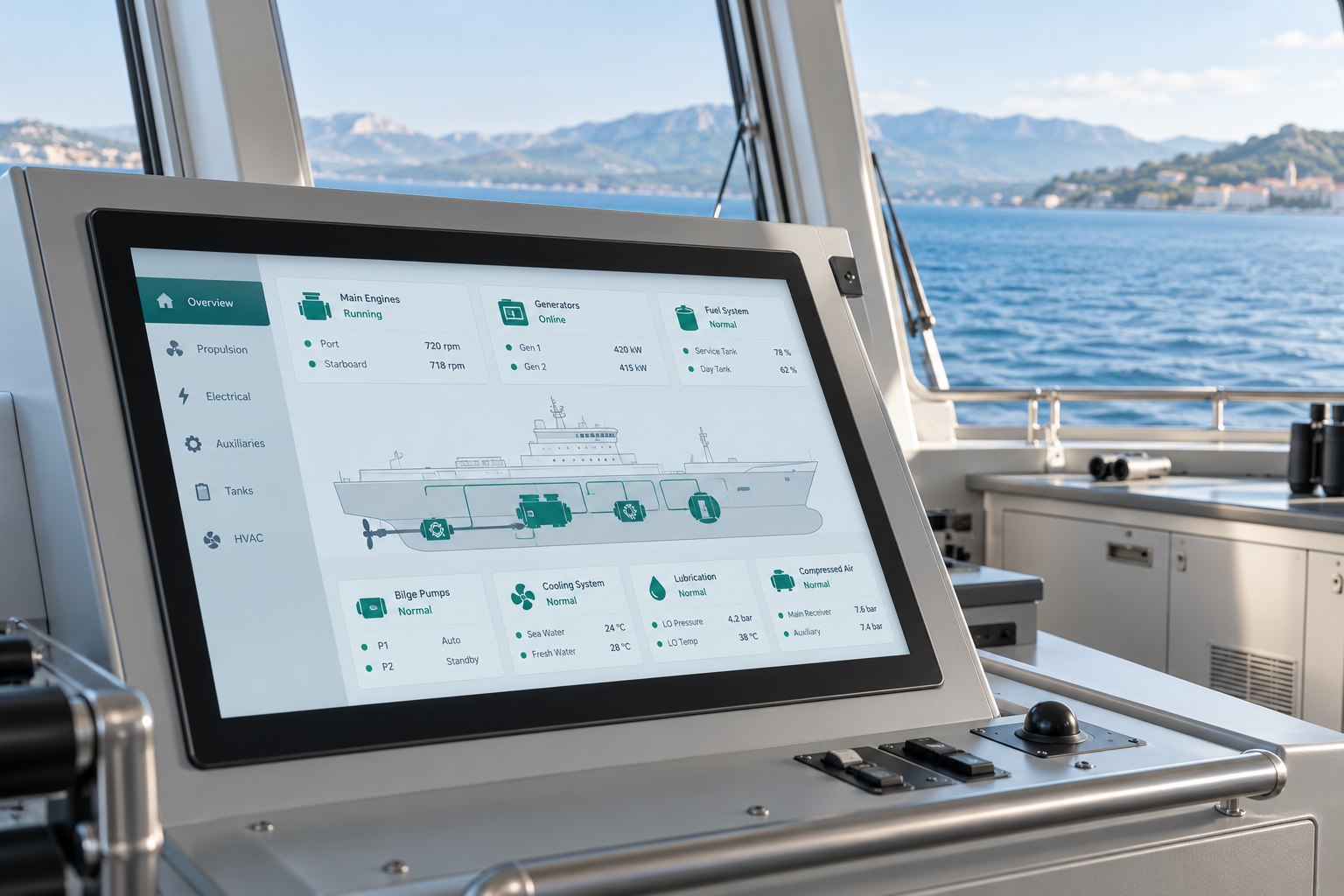 Concept of a vessel equipment-monitoring display in a bright wheelhouse overlooking the sea.